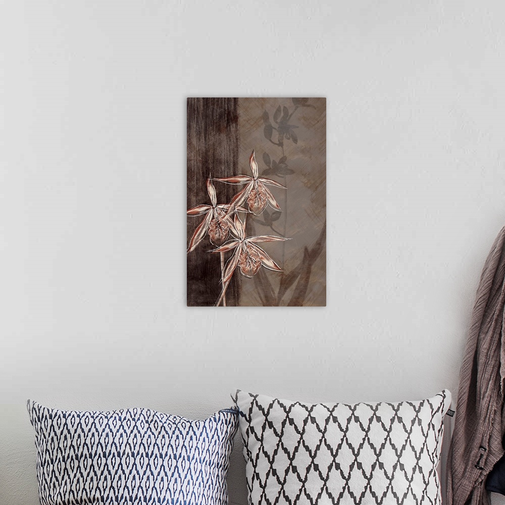 A bohemian room featuring Vertical artwork of white and red orchids in a sketch style with a black border on the left.