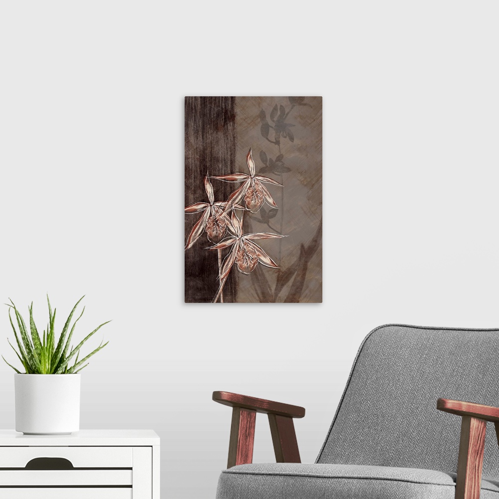 A modern room featuring Vertical artwork of white and red orchids in a sketch style with a black border on the left.