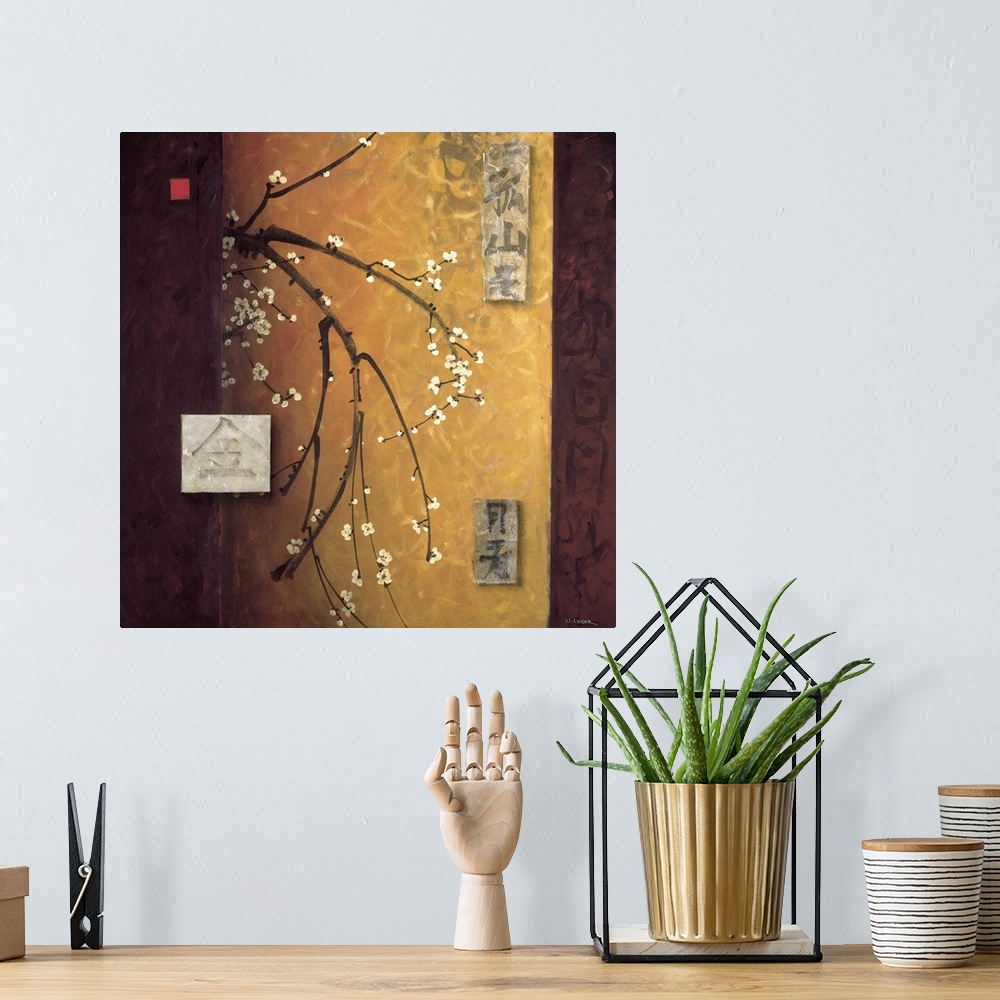 A bohemian room featuring A contemporary painting of white cherry blossom flowers bordered with a square grid design.
