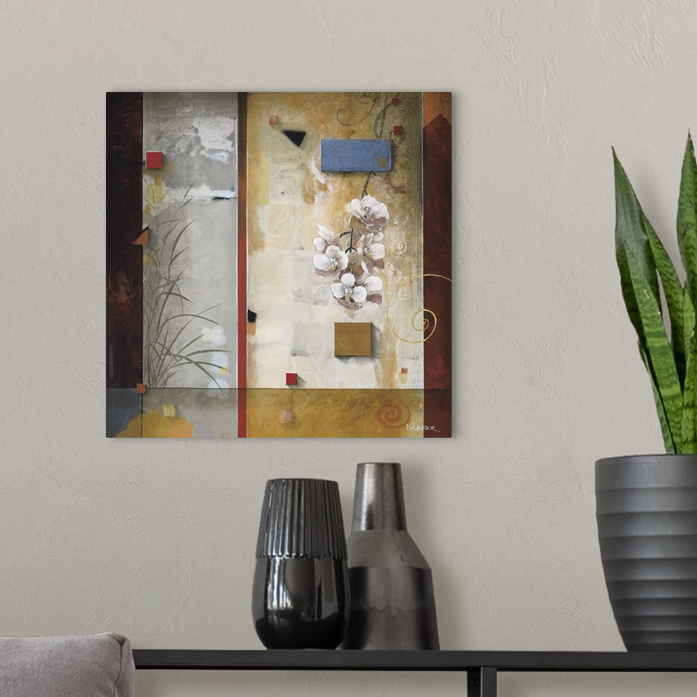 A modern room featuring A contemporary Asian theme painting with white orchids bordered with a square grid design.