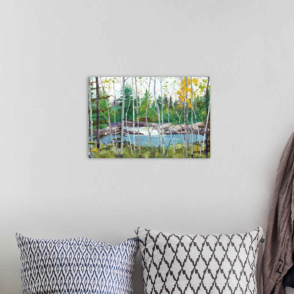 A bohemian room featuring Contemporary painting of a rocky river with bare trees in the foreground and a forest full of gre...