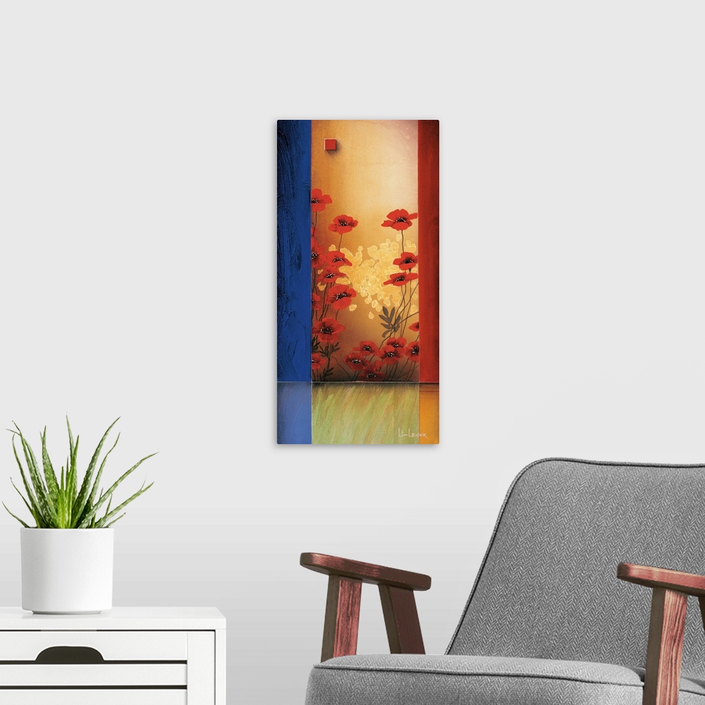 A modern room featuring A contemporary painting with red poppies bordered with a square grid design.