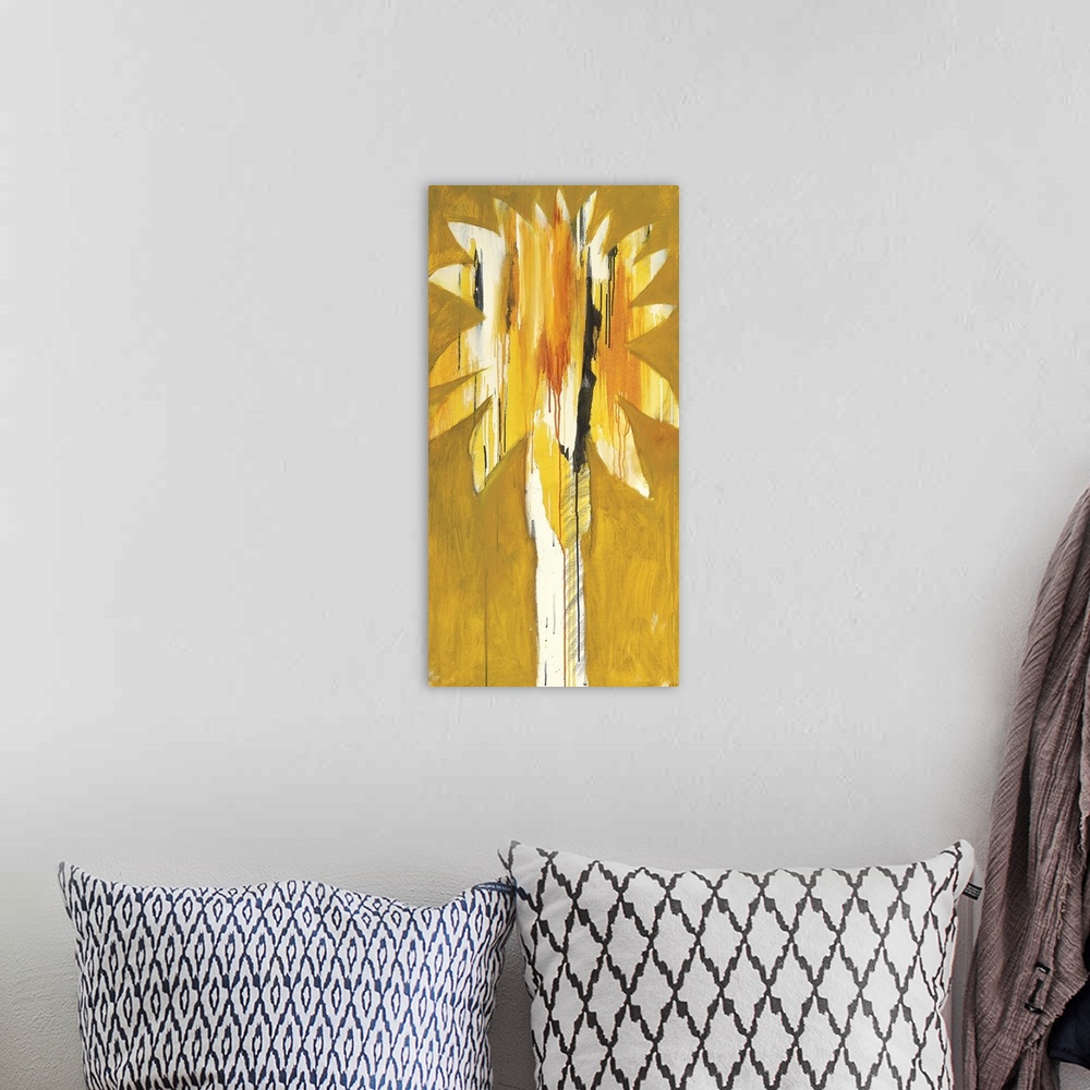 A bohemian room featuring A modern painting of a single palm tree in vibrant colors of yellow.