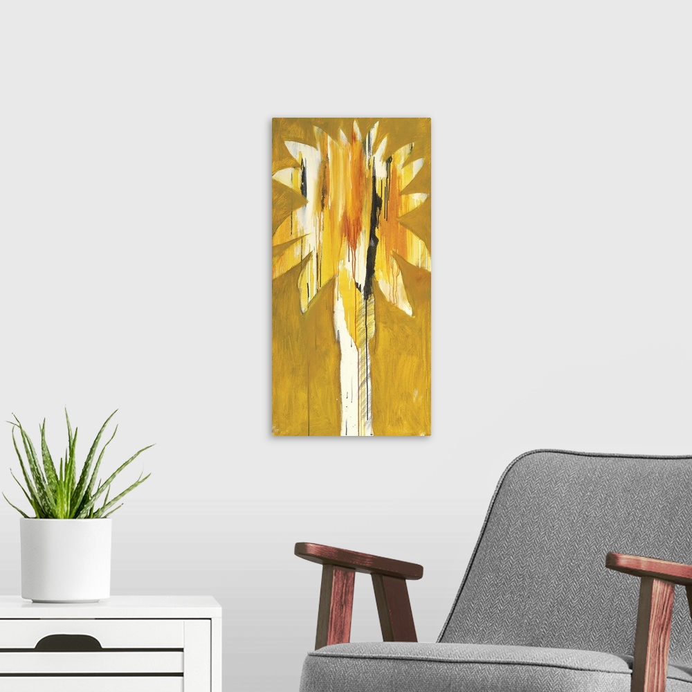 A modern room featuring A modern painting of a single palm tree in vibrant colors of yellow.