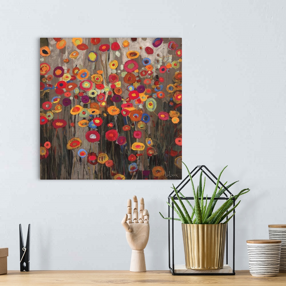A bohemian room featuring A square painting of a group of multi-colored poppies on a neutral backdrop.