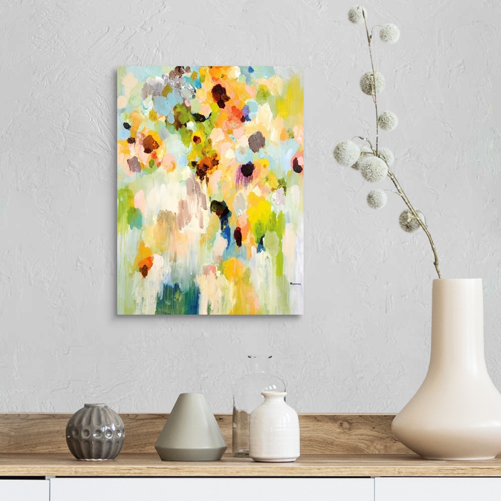A farmhouse room featuring An abstract floral painting of a large vase of bright colored flowers blending together in small ...