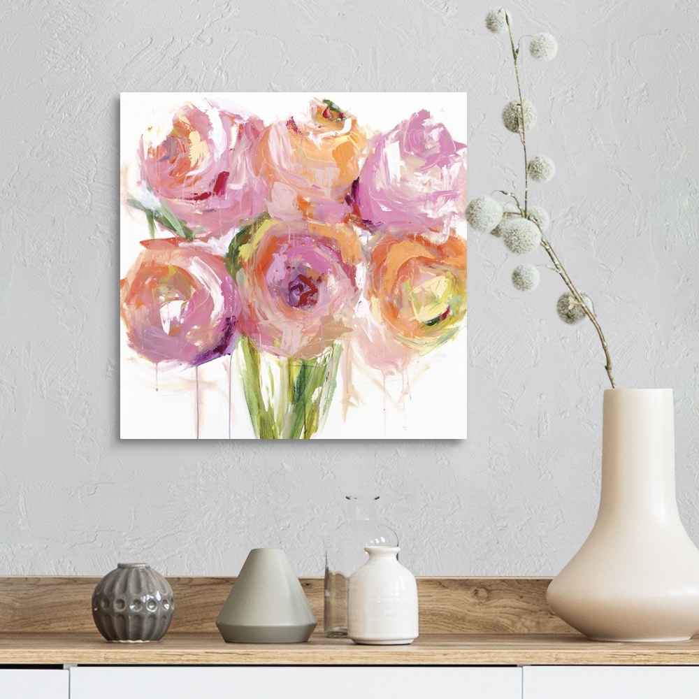 A farmhouse room featuring Square painting of large peony blooms in bright shades of pink, orange, white and red.