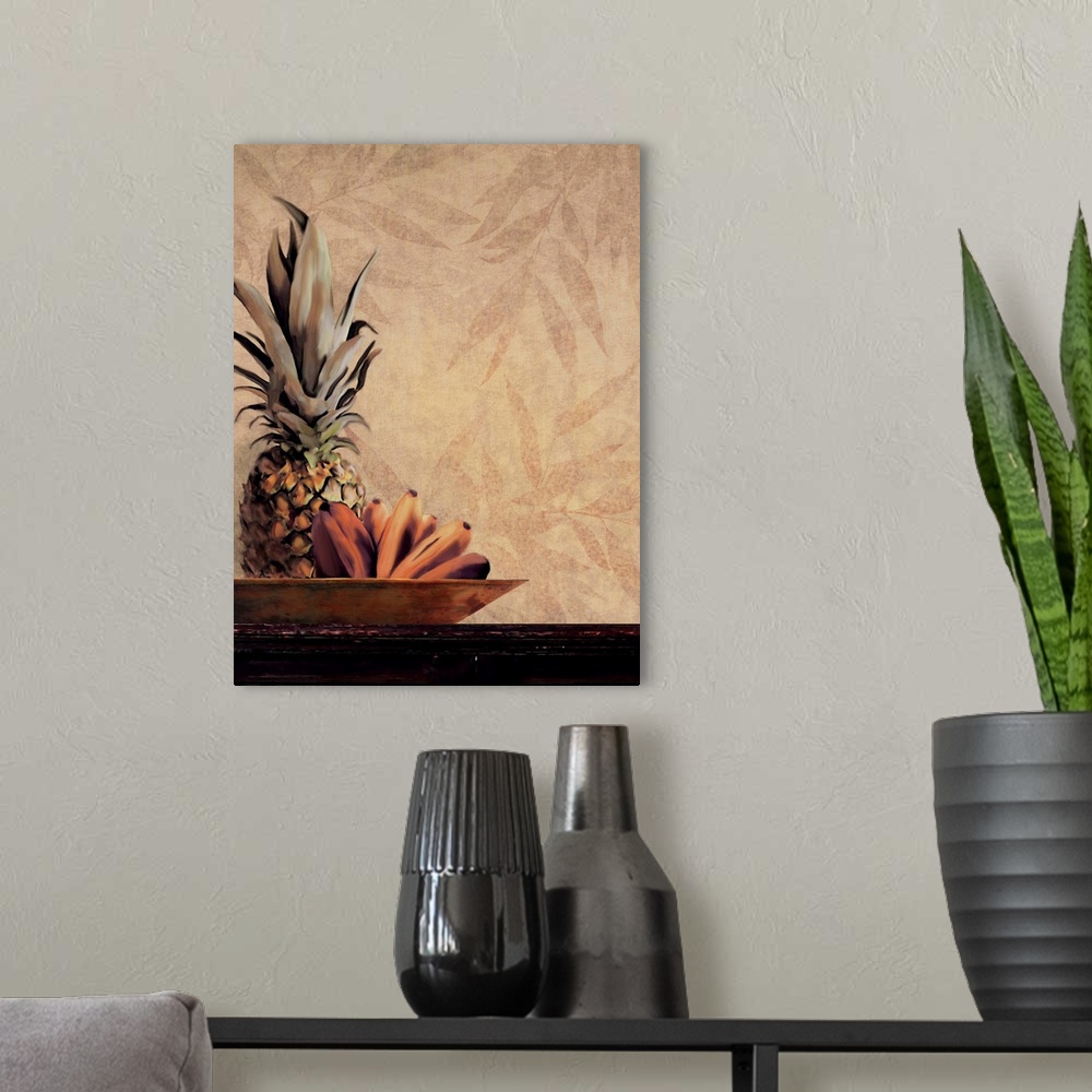 A modern room featuring A vertical contemporary painting of bananas and a pineapple in a platter on a table, with a leaf ...