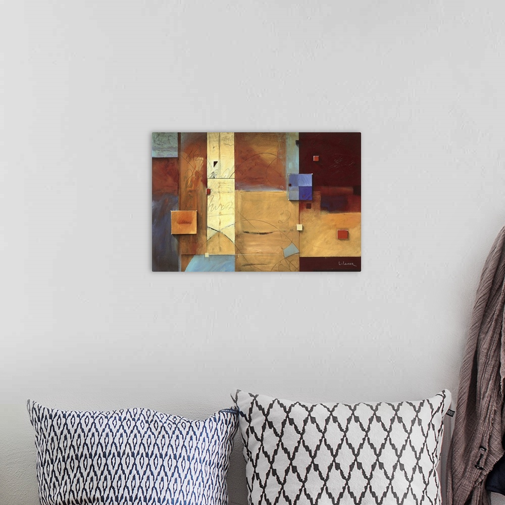 A bohemian room featuring Abstract painting of squared shapes overlapped with fine lined elements all done in warm colors.