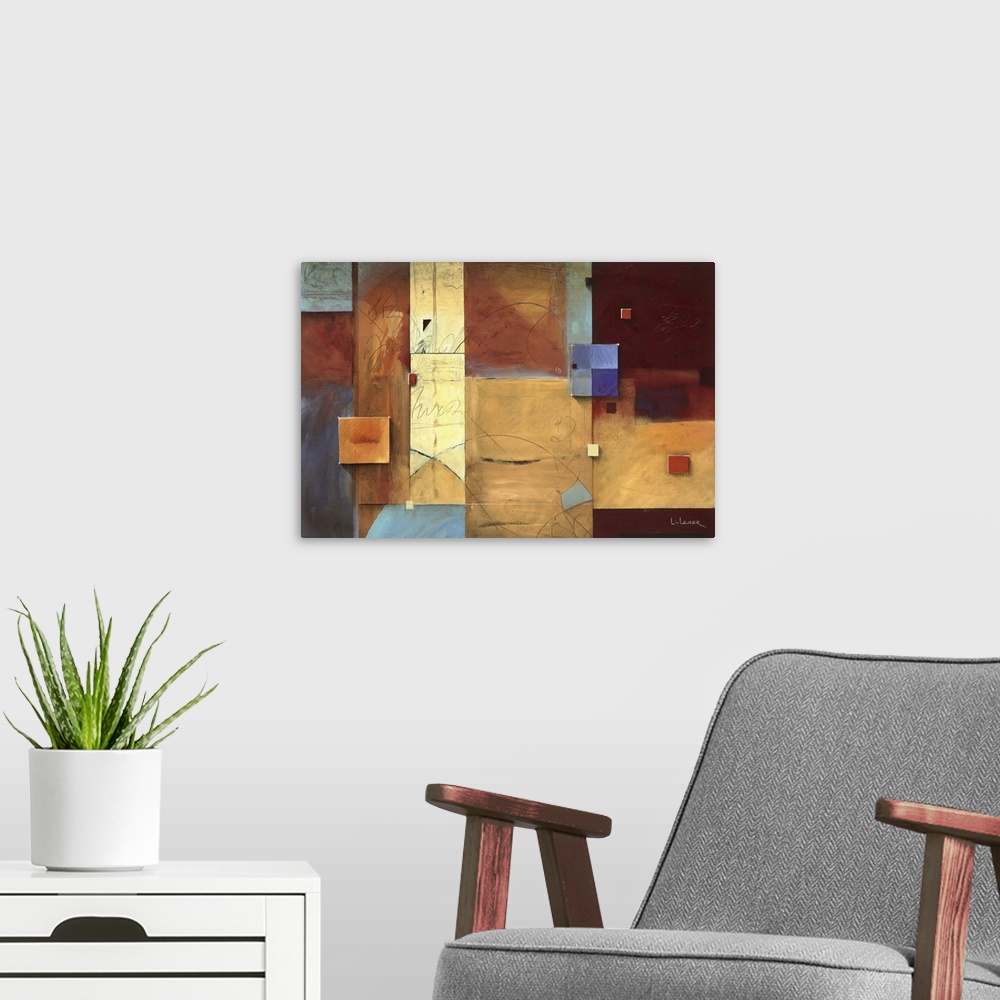 A modern room featuring Abstract painting of squared shapes overlapped with fine lined elements all done in warm colors.