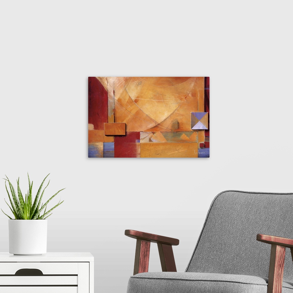 A modern room featuring Abstract painting of squared shapes overlapped with circular and "x" elements in earth colors.