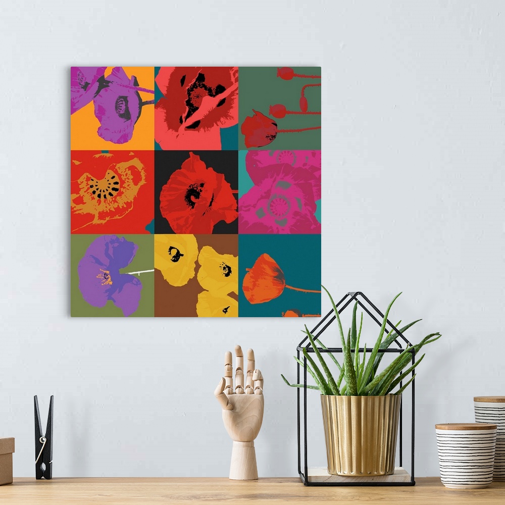 A bohemian room featuring Modern artwork of bright colored poppies in a nine square design.