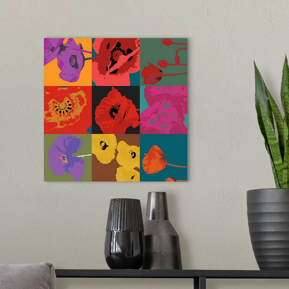 A modern room featuring Modern artwork of bright colored poppies in a nine square design.
