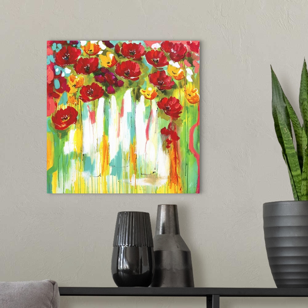 A modern room featuring Square contemporary painting of a bunch of red and yellow poppies in vases.