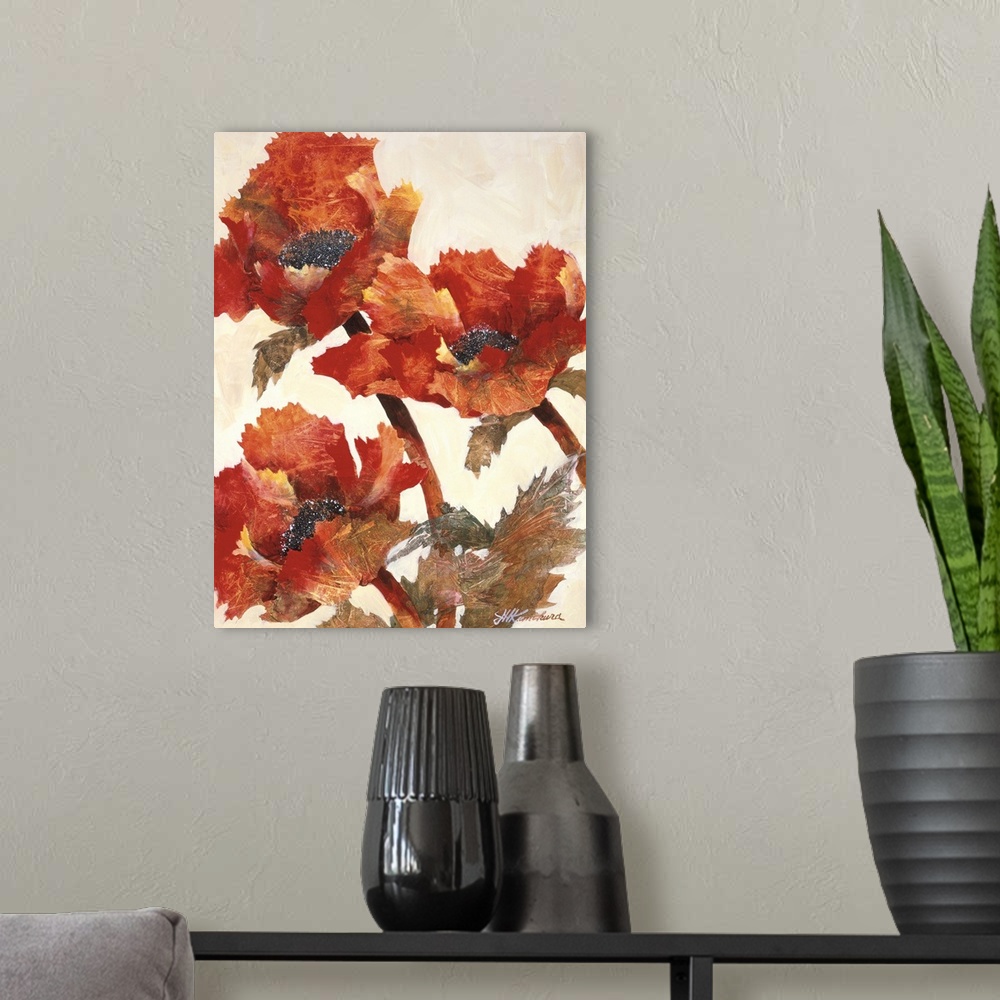 A modern room featuring Vertical painting of a group of textured red poppies against a neutral backdrop.