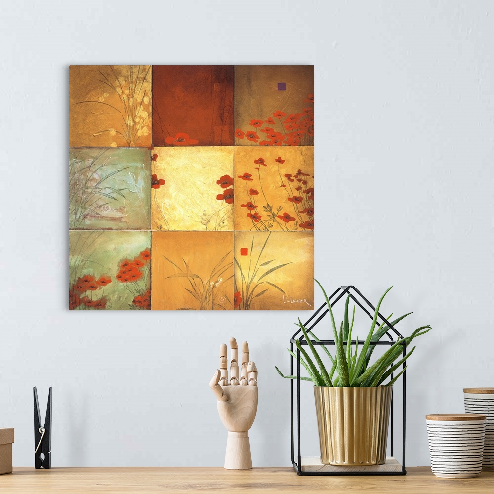 A bohemian room featuring Square painting of nine images of poppies in different colors and views.