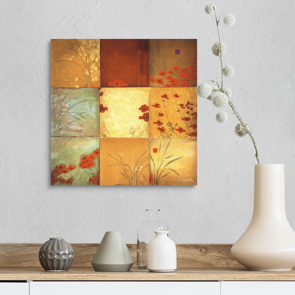A farmhouse room featuring Square painting of nine images of poppies in different colors and views.