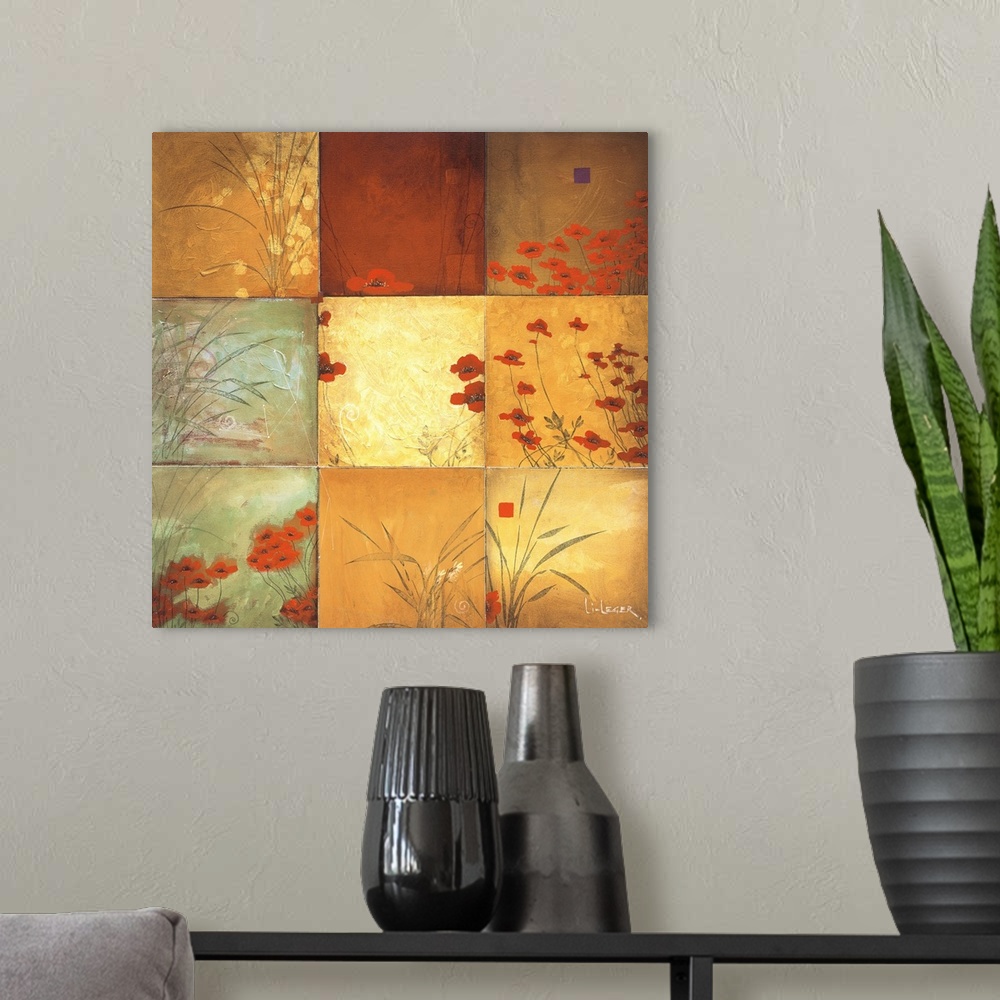 A modern room featuring Square painting of nine images of poppies in different colors and views.