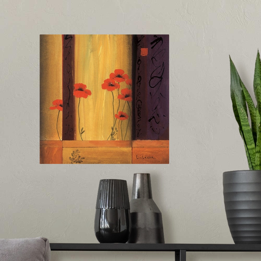 A modern room featuring A contemporary painting of red poppies bordered with a square grid design.