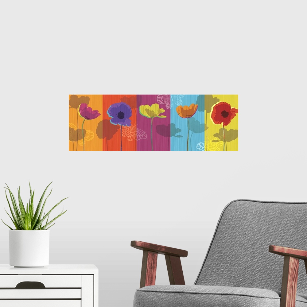 A modern room featuring A long horizontal design of different colored poppies with white butterflies against bright color...