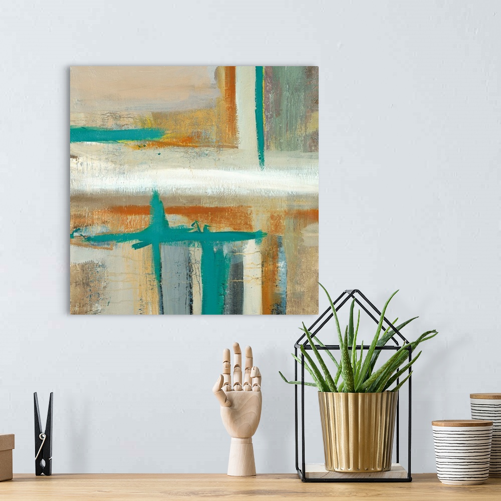 A bohemian room featuring Square abstract painting of horizontal and vertical brush strokes in shades of teal, brown, gray ...