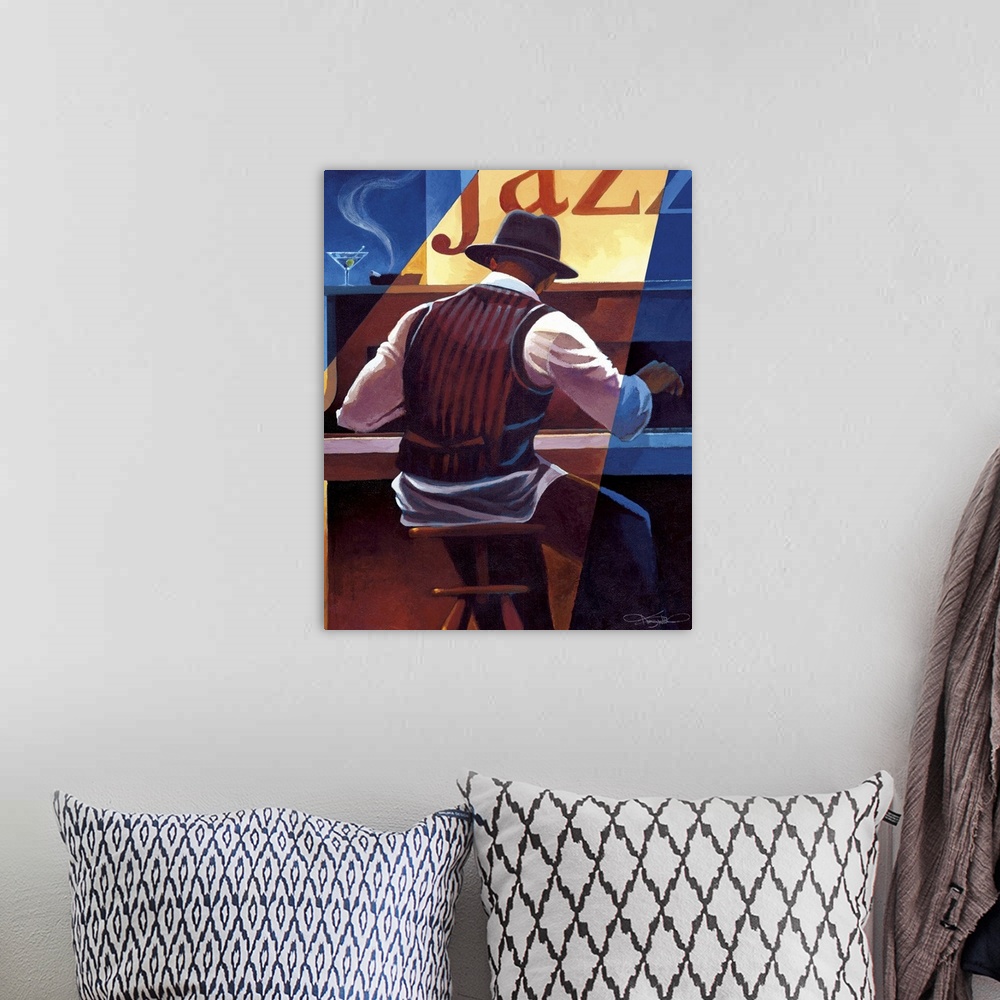 A bohemian room featuring Contemporary painting of a jazz musician playing the piano.