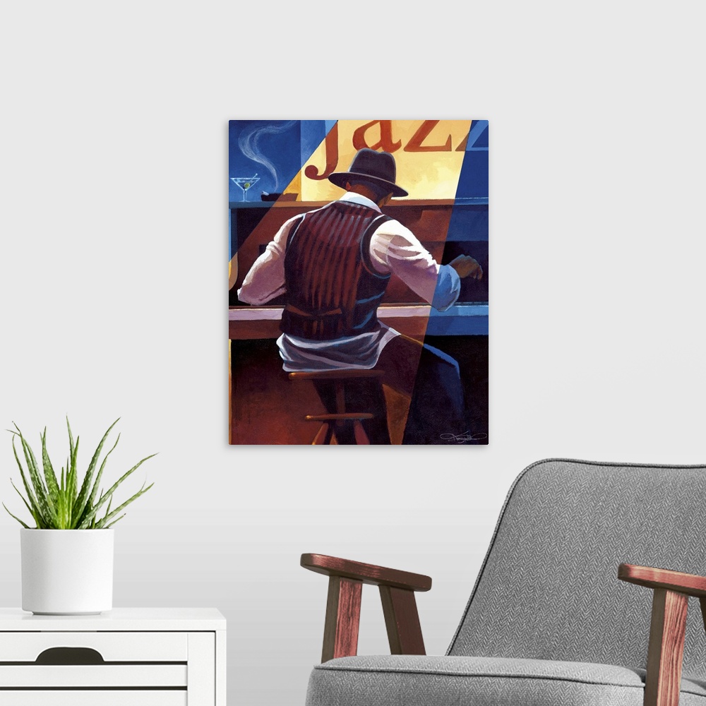 A modern room featuring Contemporary painting of a jazz musician playing the piano.