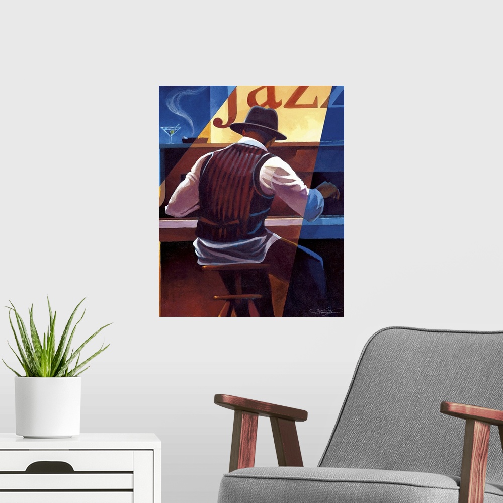 A modern room featuring Contemporary painting of a jazz musician playing the piano.