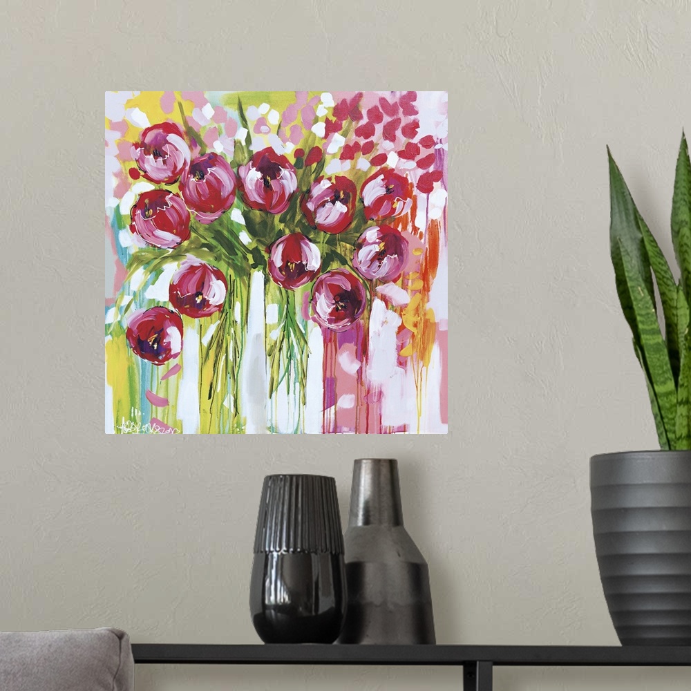 A modern room featuring Square contemporary painting of a bunch of pink tulips in vases.