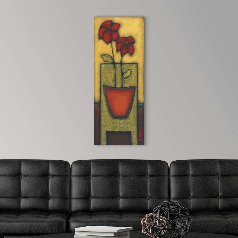 A modern room featuring red floral panel vertical.