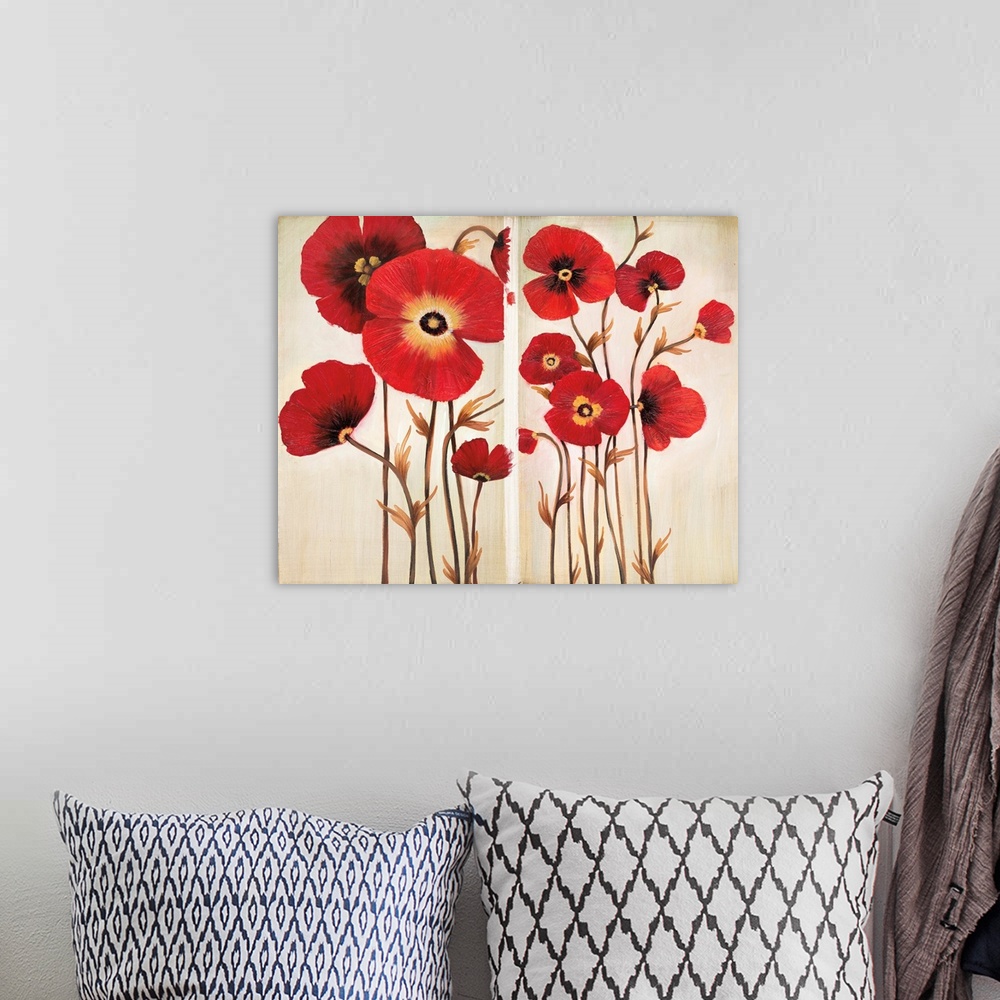 A bohemian room featuring Horizontal painting of a group of red flowers against a neutral backdrop.
