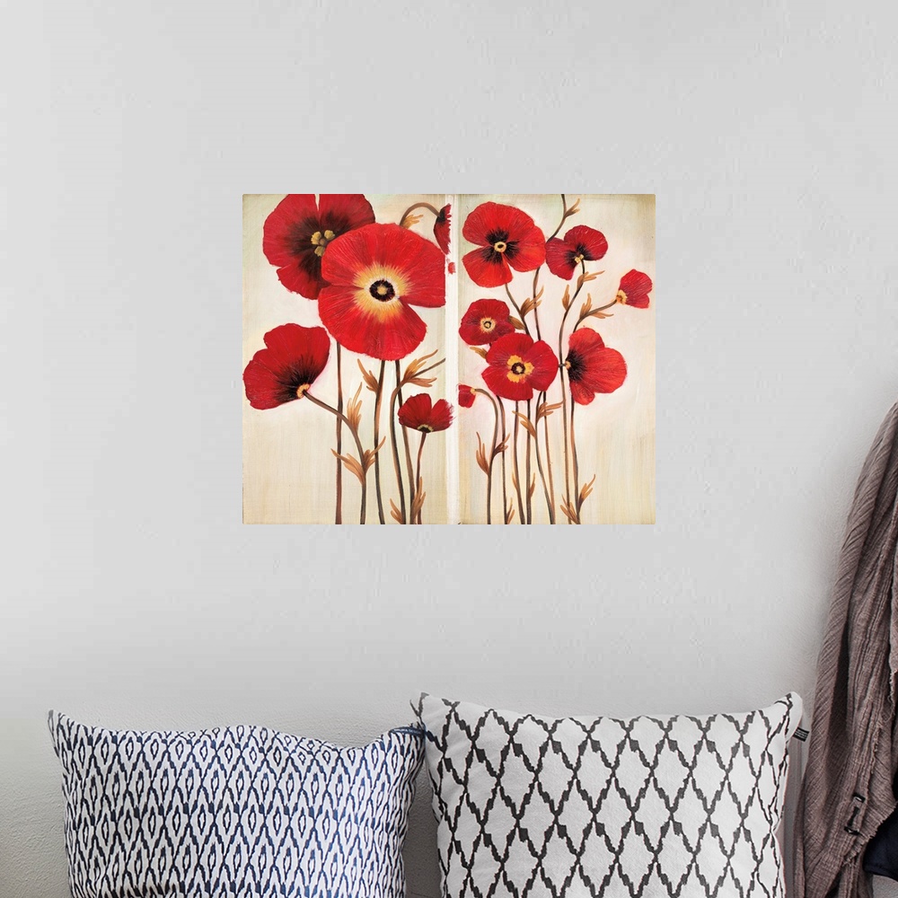 A bohemian room featuring Horizontal painting of a group of red flowers against a neutral backdrop.
