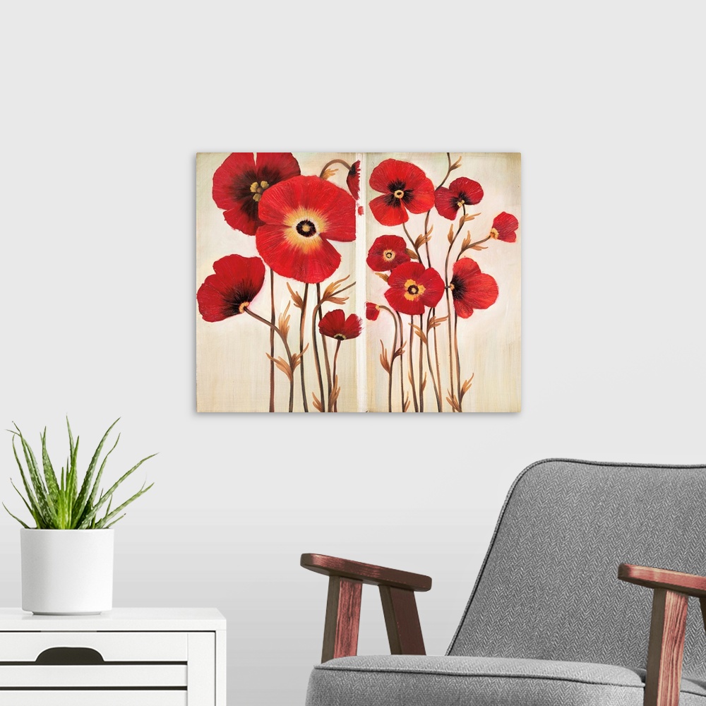 A modern room featuring Horizontal painting of a group of red flowers against a neutral backdrop.