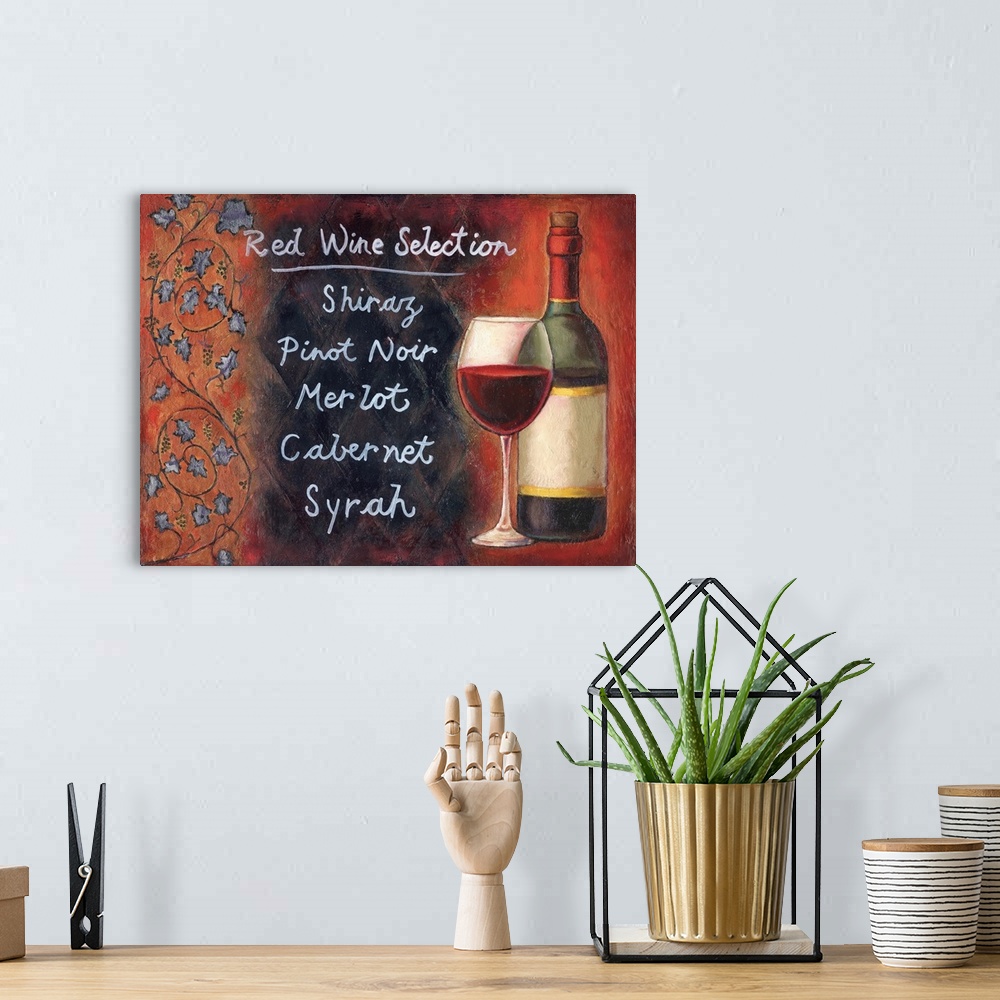A bohemian room featuring A list of red wine options next to a wine glass and bottle with a red background.