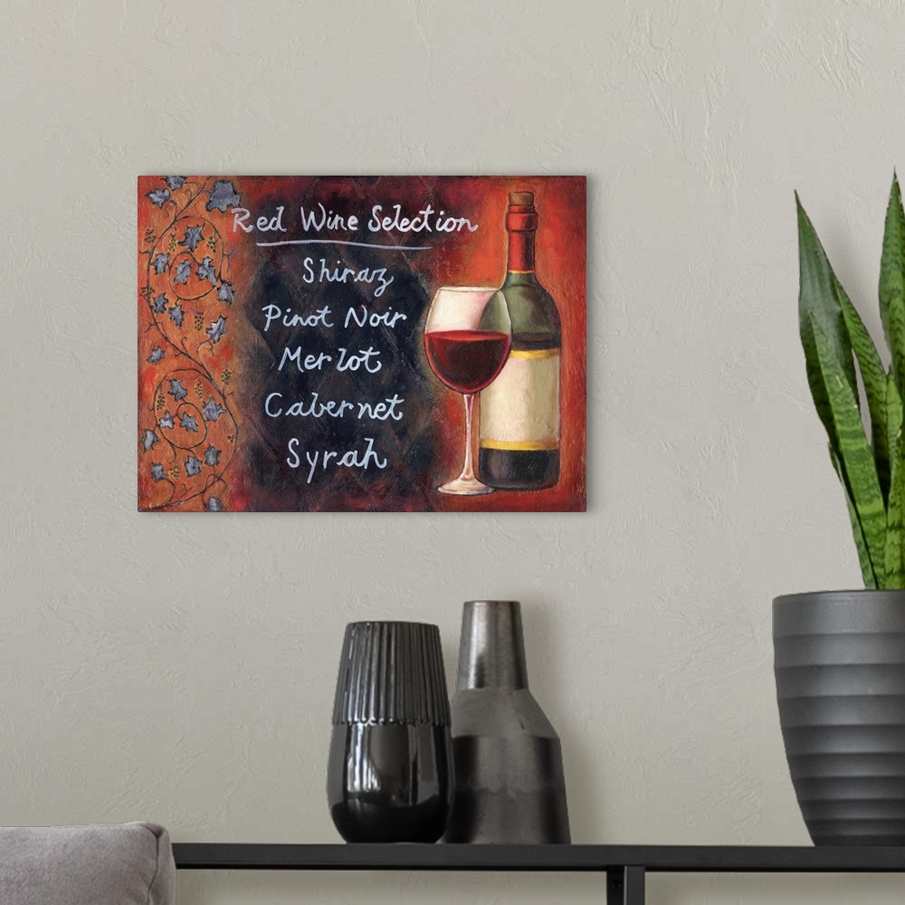 A modern room featuring A list of red wine options next to a wine glass and bottle with a red background.