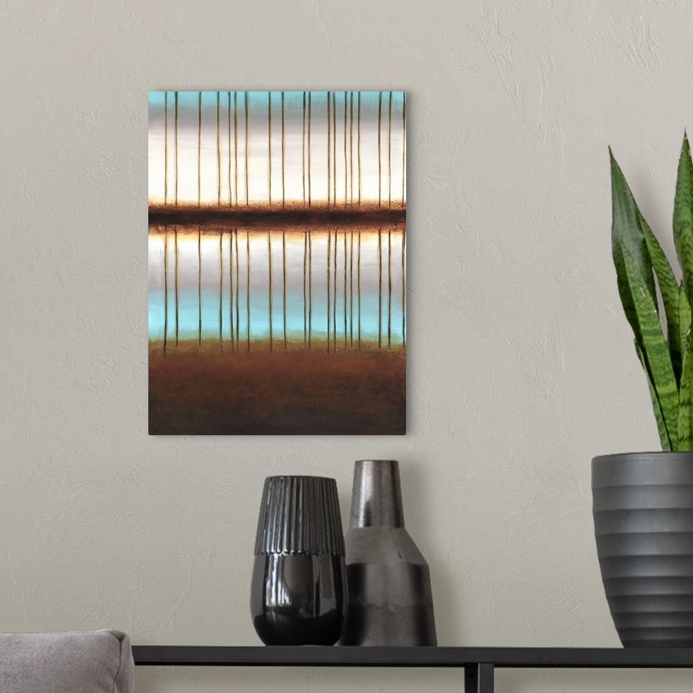 A modern room featuring Vertical painting of a row of bare trees reflecting in a clear body of water in hues of brown, bl...