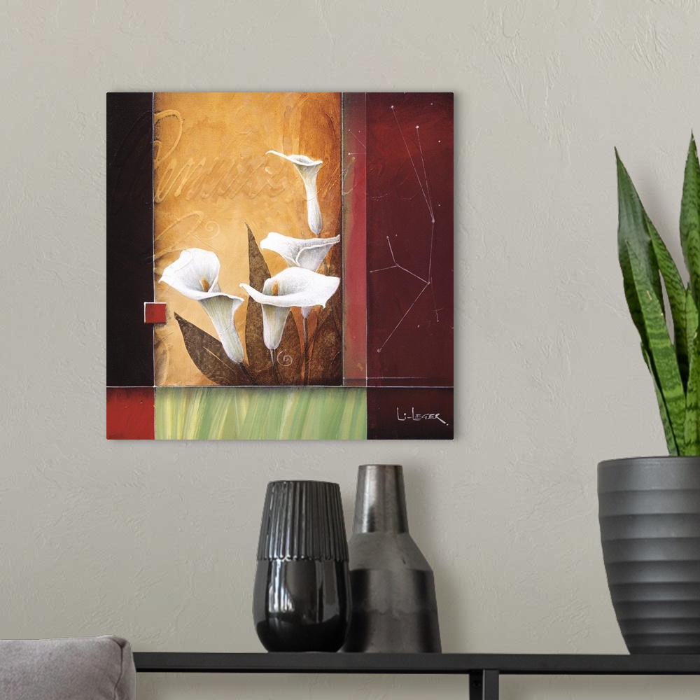 A modern room featuring A contemporary painting of Calla Lilies bordered with a square grid design.