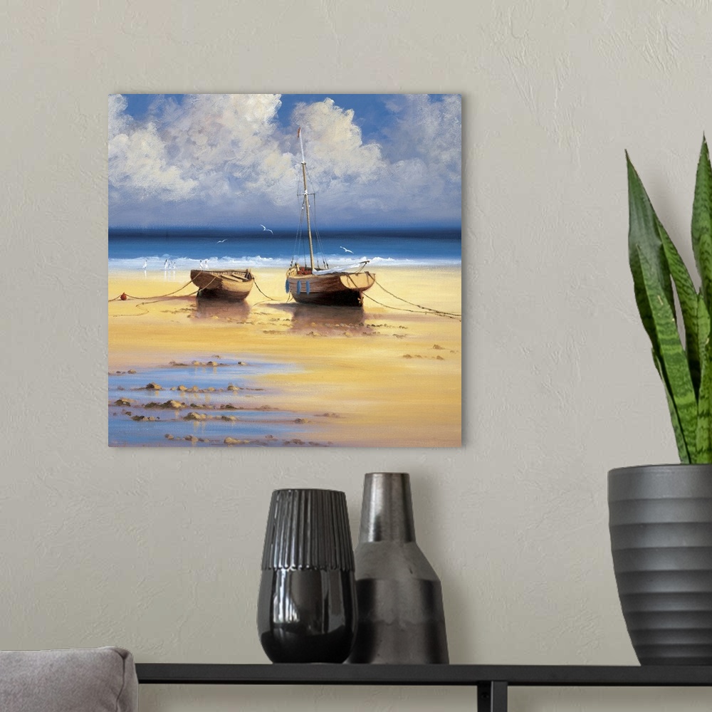 A modern room featuring Contemporary painting of two boats moored on a sandy beach.