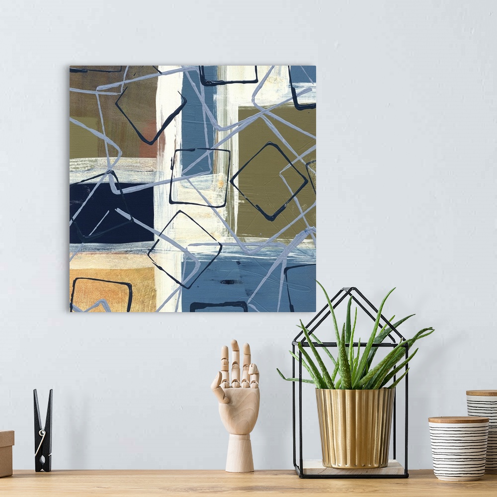 A bohemian room featuring Abstract painting of squared shapes outlined in white brush strokes and overlapped with layers of...