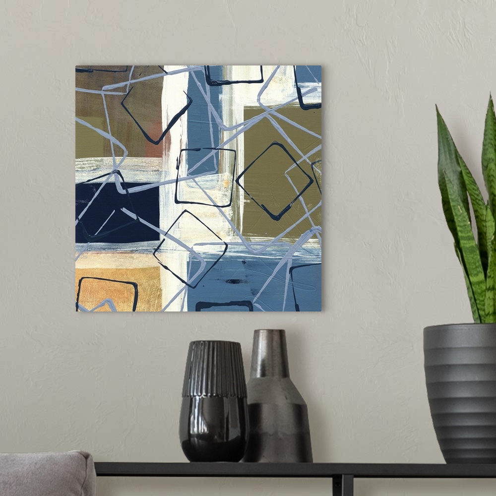 A modern room featuring Abstract painting of squared shapes outlined in white brush strokes and overlapped with layers of...
