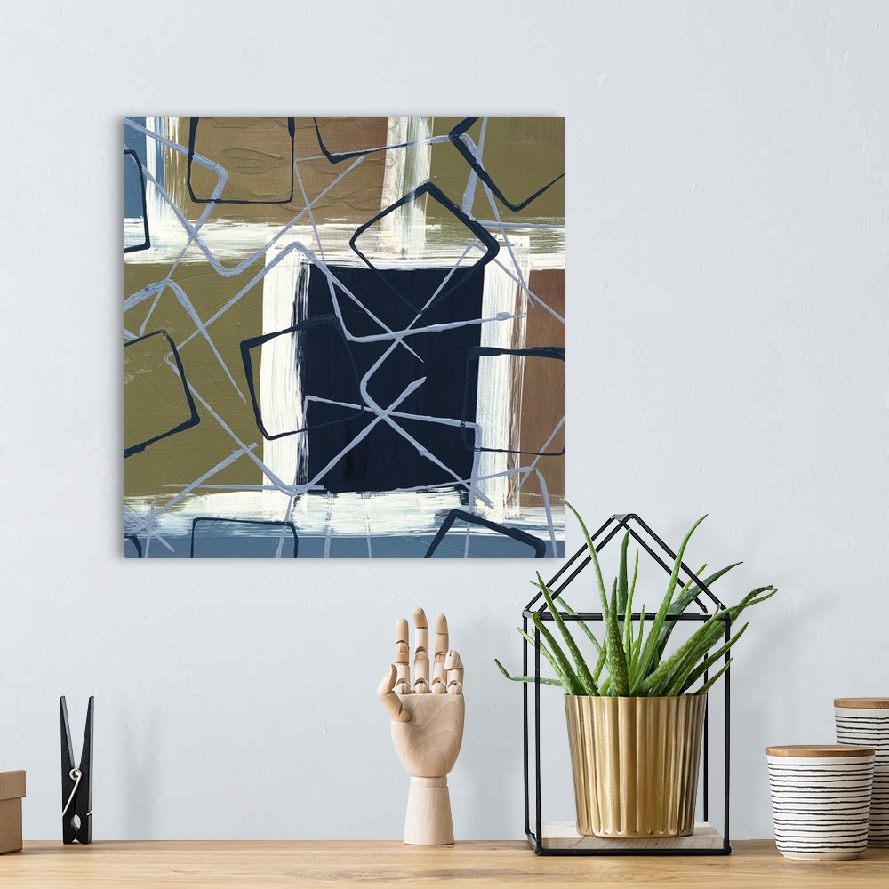 A bohemian room featuring Abstract painting of squared shapes outlined in white brush strokes and overlapped with layers of...