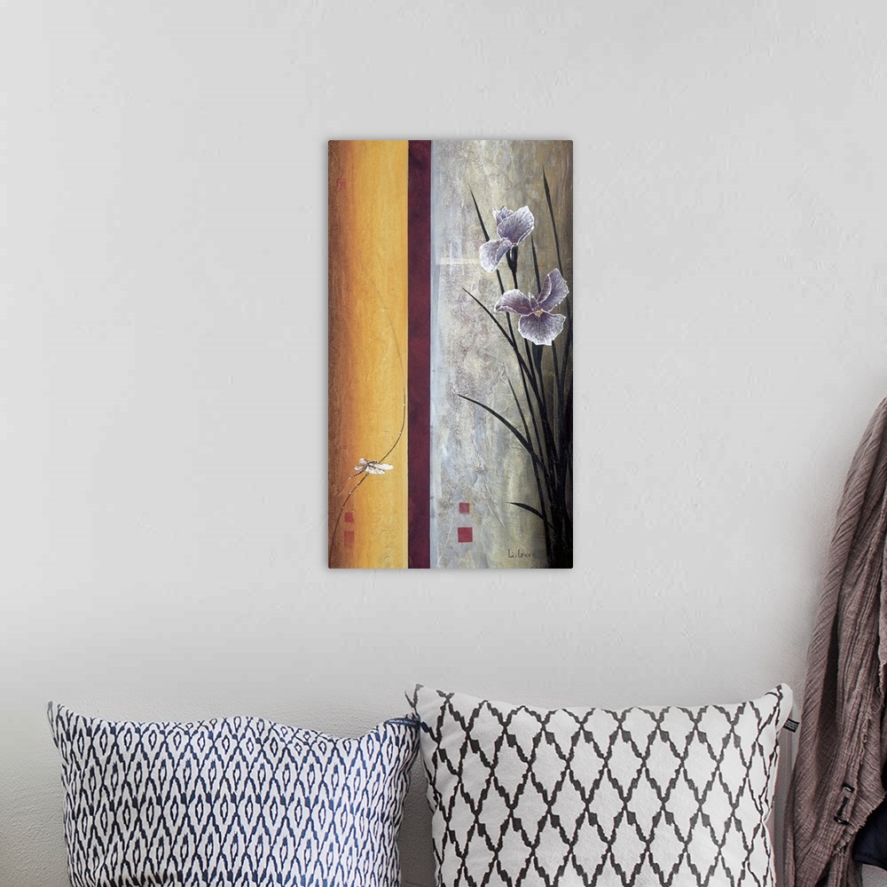 A bohemian room featuring A contemporary painting of purple irises and a border on the left with a dragonfly.