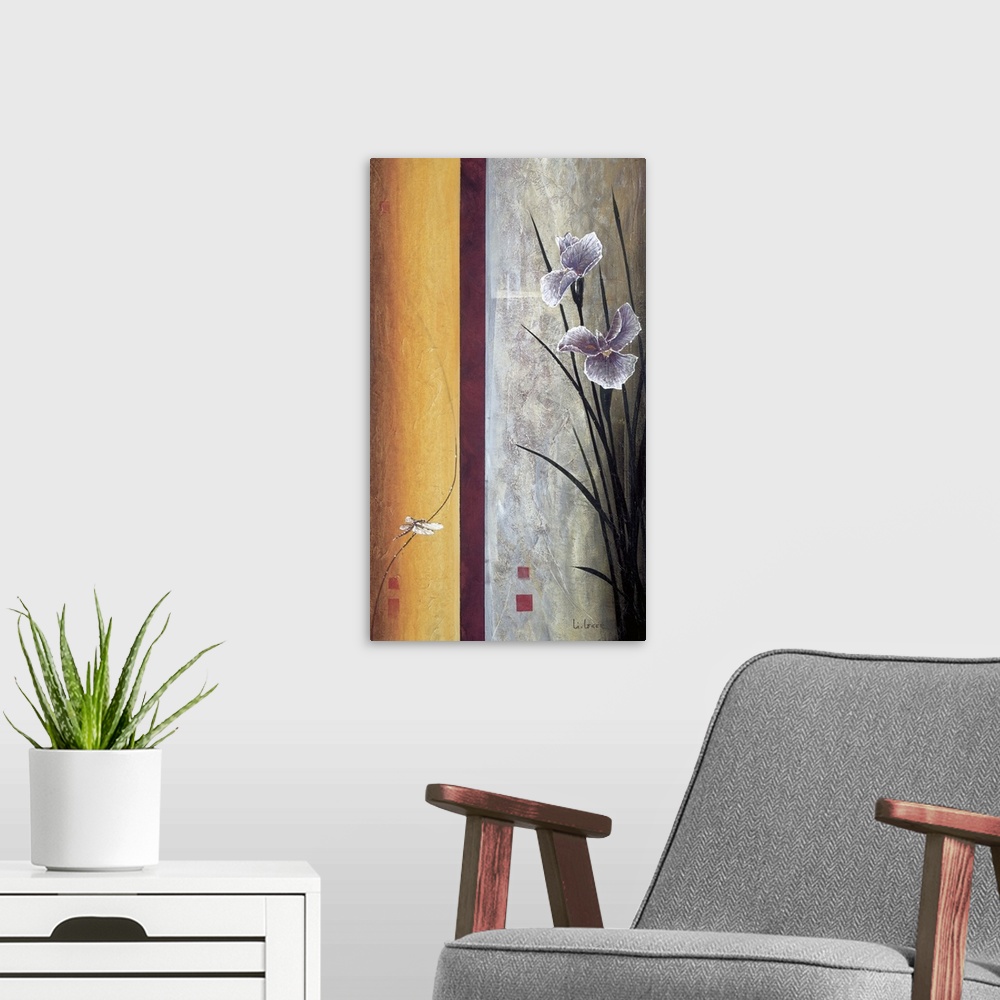 A modern room featuring A contemporary painting of purple irises and a border on the left with a dragonfly.