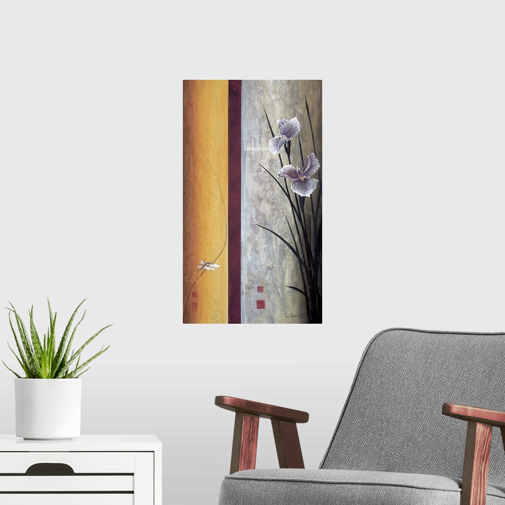 A modern room featuring A contemporary painting of purple irises and a border on the left with a dragonfly.