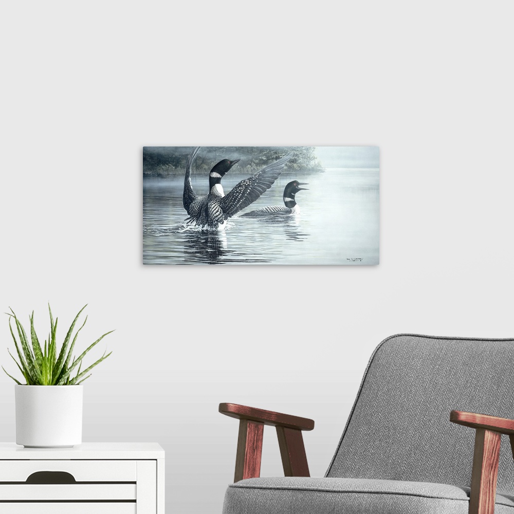 A modern room featuring Contemporary painting of a pair of loons in a pond surrounded by mist.