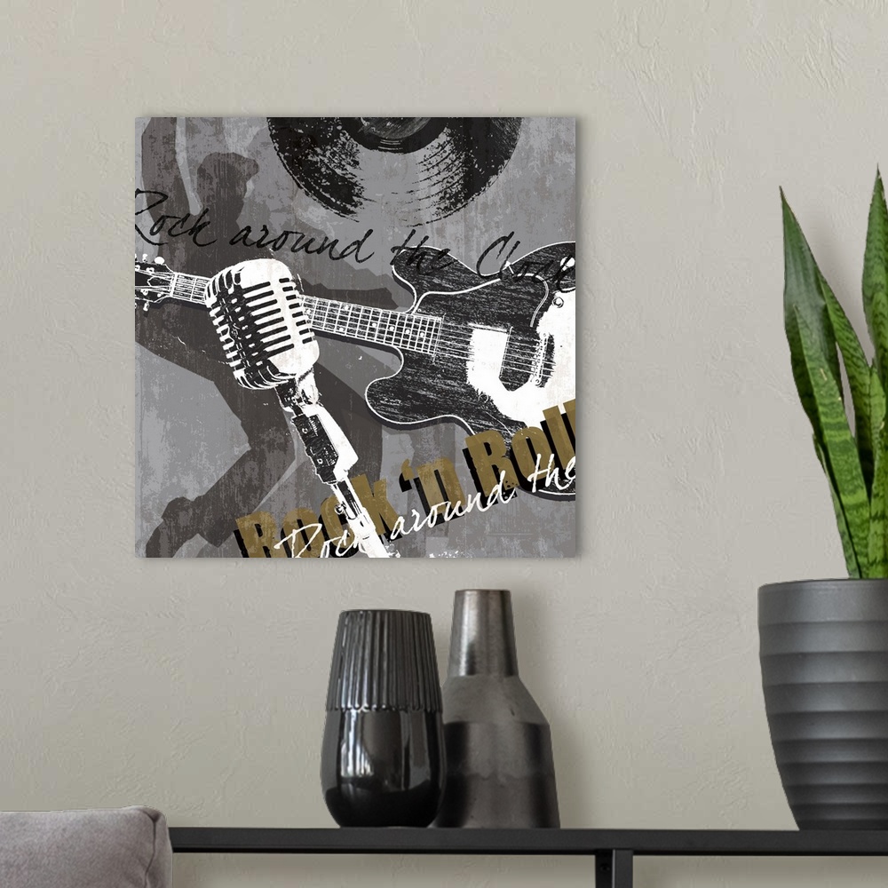 A modern room featuring A square Rock and Roll theme wall art with guitar, record, microphone and Elvis.