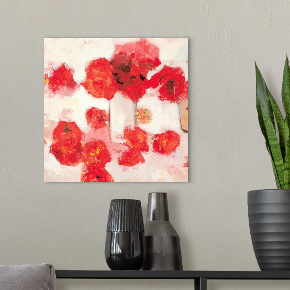 A modern room featuring Square painting of red flowers against a white backdrop.  The textured paint gives helps the flow...