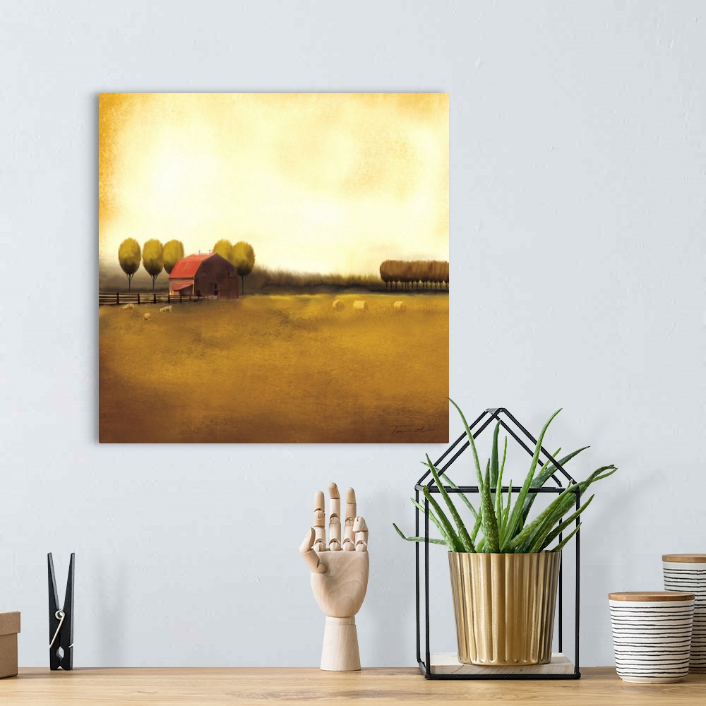 A bohemian room featuring Contemporary painting of a small red barn in the countryside at sunset.