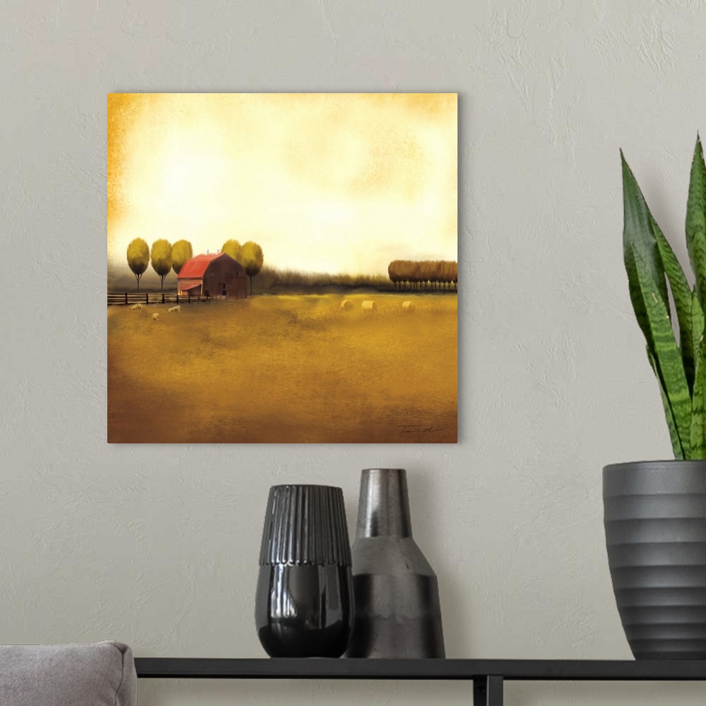 A modern room featuring Contemporary painting of a small red barn in the countryside at sunset.