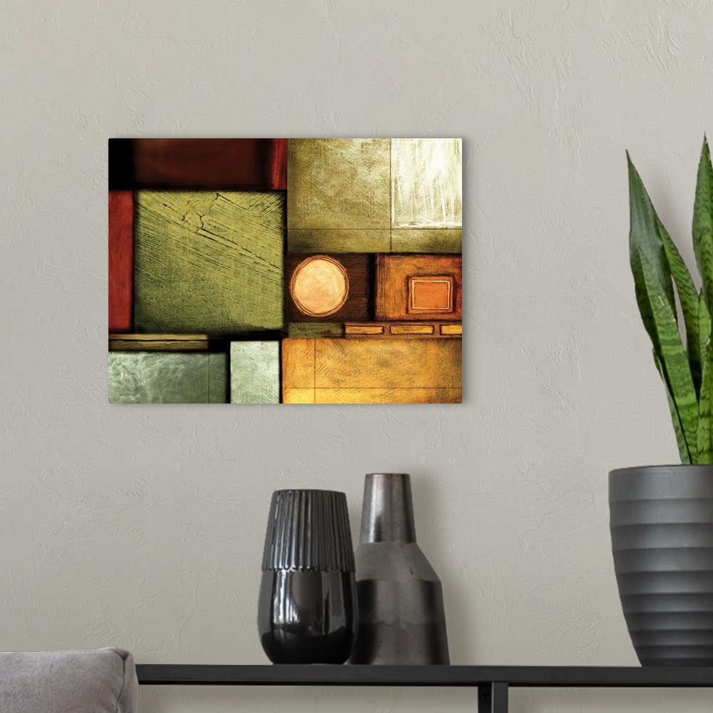 A modern room featuring Abstract painting of squared shapes overlapped with circular elements  done in warm earth tones.